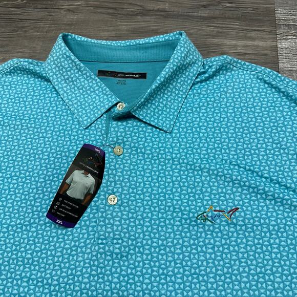 NWT Greg Norman Play Dry Aqua Blue Men 2XL Pima Cotton Geometric Golf Polo Shirt - Picture 1 of 10